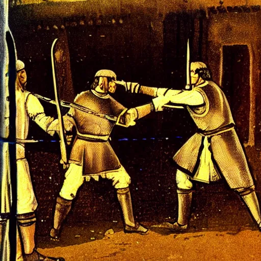 Image similar to medieval sword fight cctv footage, coloured photo