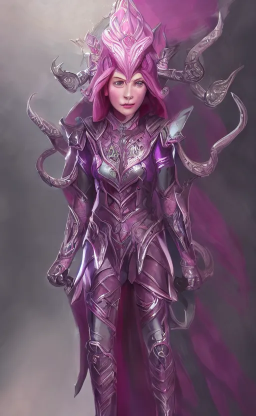 Image similar to a full body portrait of an elven woman with pink skin, and armor fit for a queen, wearing purple headphones, and smiling, dynamic lighting, photorealistic fantasy concept art, trending on art station, stunning visuals, creative, cinematic, ultra detailed