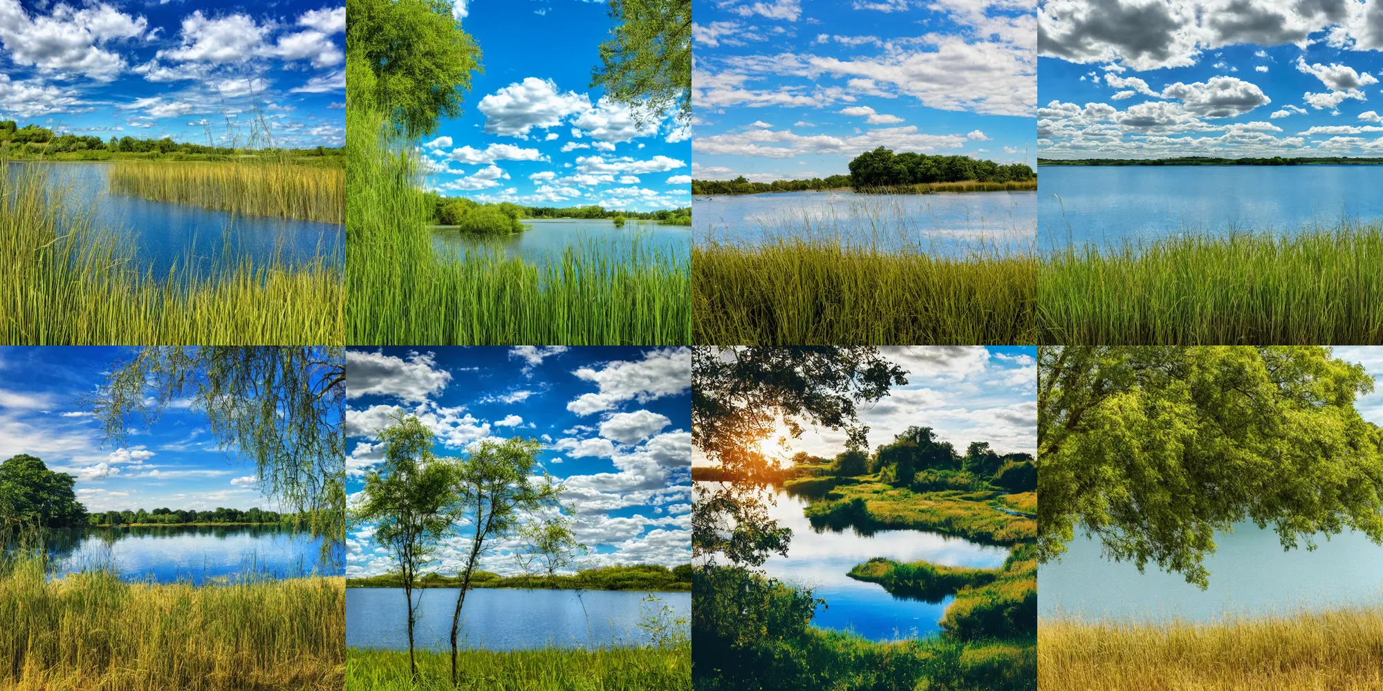 Prompt: A photo of a lake on a sunny day, blue sky with clouds, beautiful, small reeds behind lake, bushes in the foreground, varied trees in the back, summer, 4k, Kieran Stone, Mandy Lea, Sapna Reddy wallpaper, nature photography