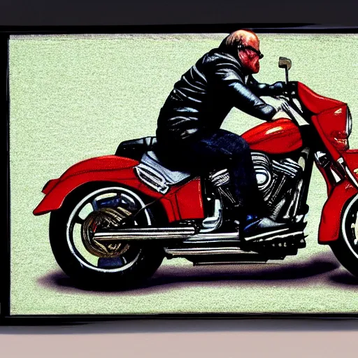 Image similar to danny devito riding a large harley davidson, hyperrealism, lens glare, trending on artstation, intricate, 8 k