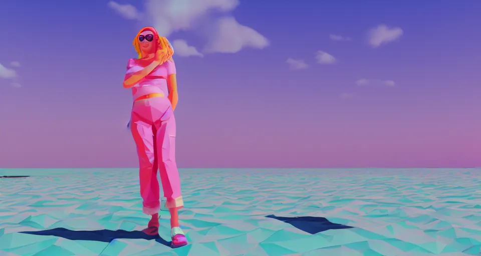 Prompt: fullbody vaporwave art of a fashionable mummy girl at a beach, early 90s cg, 3d render, 80s outrun, low poly, from Hotline Miami
