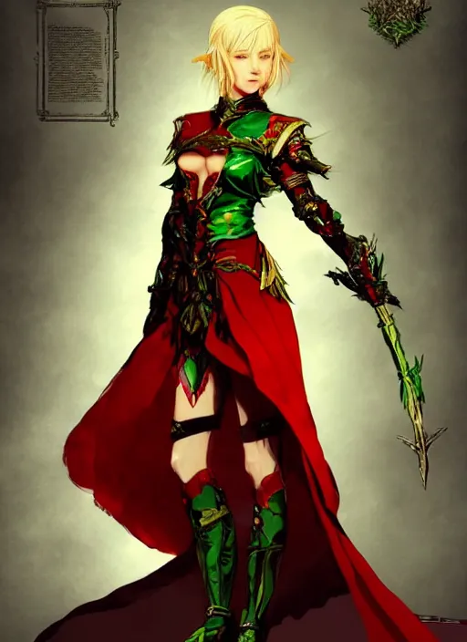 Image similar to Full body portrait of a beautiful young blonde short haired elven princess wearing red, green and gold priest robe. In style of Yoji Shinkawa and Hyung-tae Kim, trending on ArtStation, dark fantasy, great composition, concept art, highly detailed.