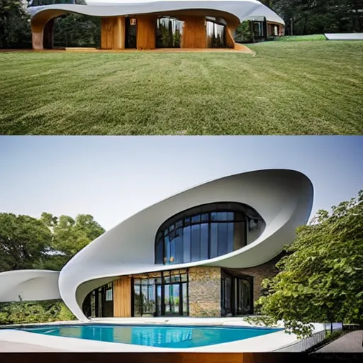 Image similar to This new and unique house exterior is inspired by the majestic, soaring form of an eagle in flight. The front façade features several large windows arranged in a sweeping curve. photo.