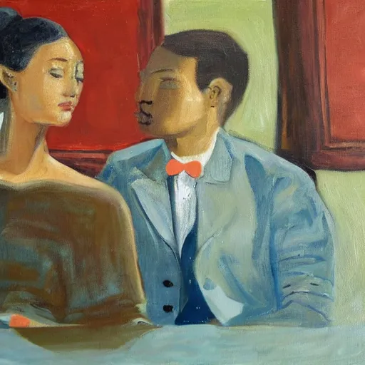 Prompt: a painting of a man and a woman sitting next to each other