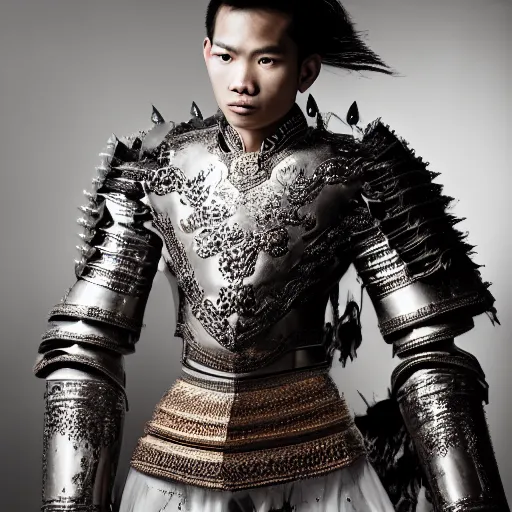 Prompt: a portrait of a beautiful young thai male wearing an alexander mcqueen armor , photographed by andrew thomas huang, artistic
