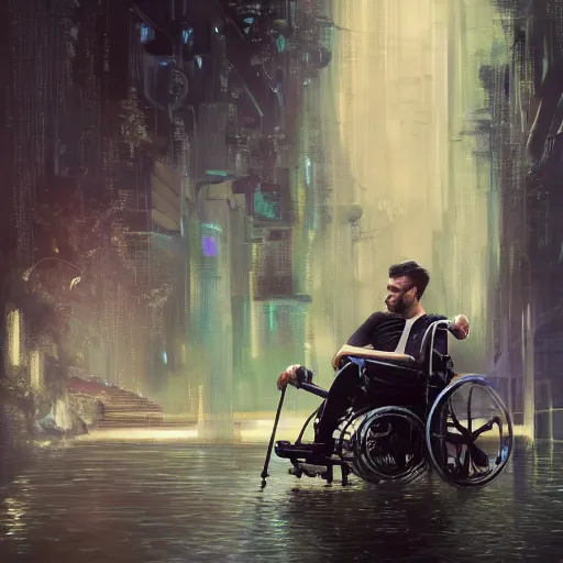 Image similar to handsome portrait of a wheelchair guy fitness posing, radiant light, caustics, war hero, smooth, one legged amputee, reflective water koi pond, ghost in the shell, futuristic accessibility prosthesis, lush garden surroundings, by gaston bussiere, bayard wu, greg rutkowski, giger, maxim verehin