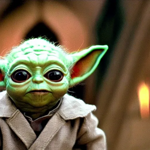 Image similar to a film still of baby yoda's son at his funeral wearing a suit in star wars realistic, detailed