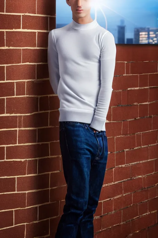 Image similar to un ultra high definition studio quality photographic art portrait of a young man standing on the rooftop of a british apartment building wearing soft padded silver pearlescent clothing. three point light. extremely detailed. golden ratio, ray tracing, volumetric light, shallow depth of field. set dressed.