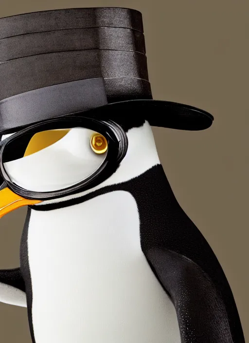 Prompt: closeup portrait of an anthropomorphic penguin wearing goggles and a top hat, depth of field, zeiss lens, detailed, symmetrical, centered, fashion photoshoot, by Annie Leibovitz and Steve McCurry, David Lazar, Jimmy Nelsson, Breathtaking, 8k resolution, extremely detailed, beautiful, establishing shot, artistic, hyperrealistic, beautiful face, octane render