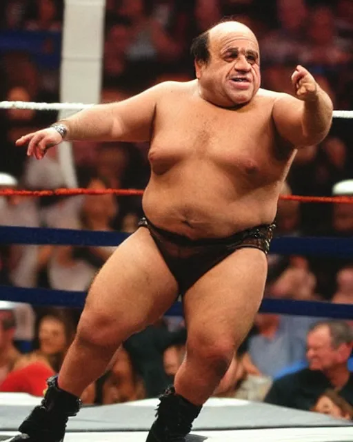 Prompt: portrait of danny devito as a wwe wrestler. photographic, photography