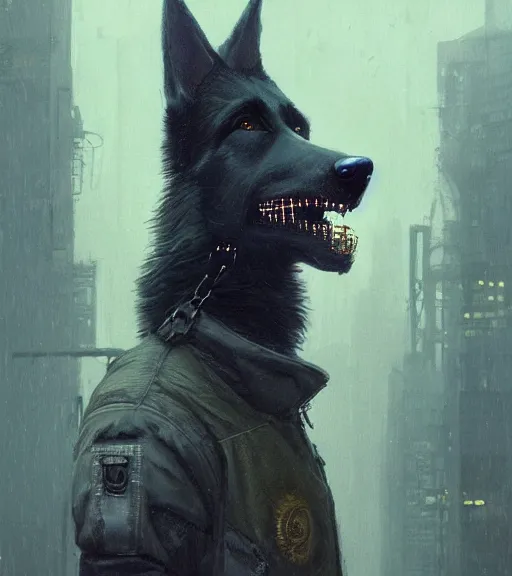 Prompt: new york city portrait of furry anthro anthropomorphic german shepard head animal person fursona wearing clothes strange cybernetic muzzle gloomy rainy cyberpunk digital art by Greg Rutkowski, Simon Stalenhag, christopher nolan trending on Artstation, CGSociety