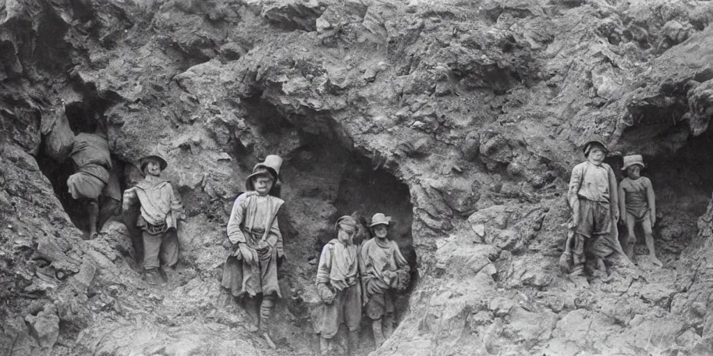 Image similar to explorers looking fearful as something emerges from a dark cave, 1 9 0 0 s photograph