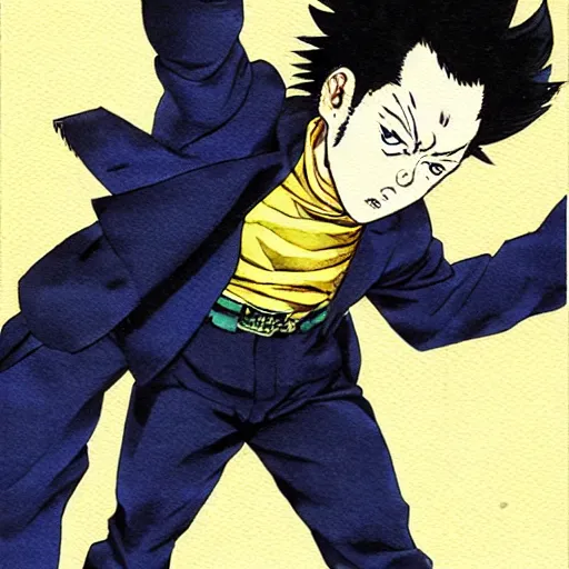 Image similar to young boy angry with pompadour hair, art by katsuhiro otomo, tetsuo hara, hirohiko araki, jotaro kujo, banchou, action pose, manga cover, watercolor