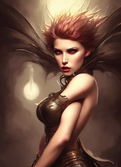 Prompt: a beautiful woman with spikes for hair, painted by artgerm and tom bagshaw, fantasy art, dramatic lighting, highly detailed oil painting