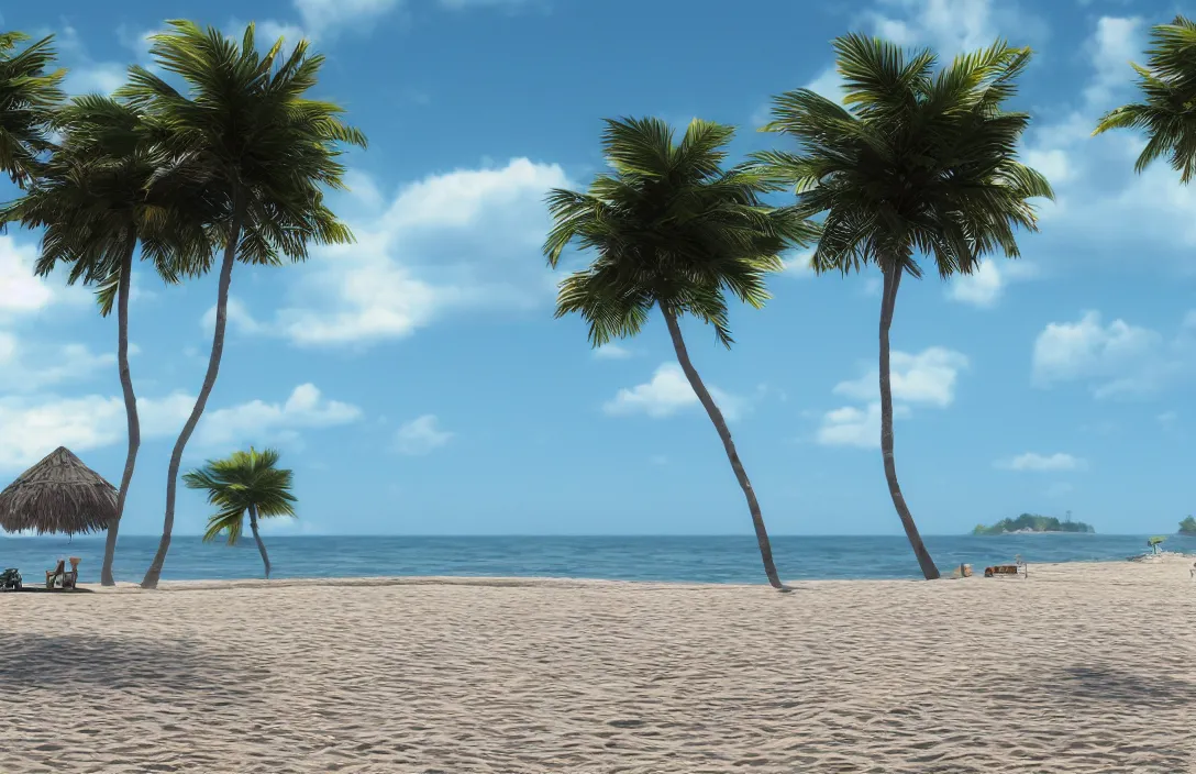 Image similar to on the beach by the sea, afternoon, very real, unreal engine rendering