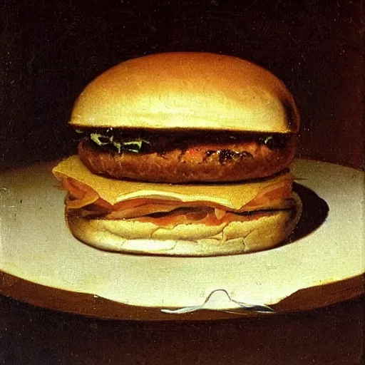 Image similar to hamburger in still life. dutch masters, 1 8 th century. oil on canvas