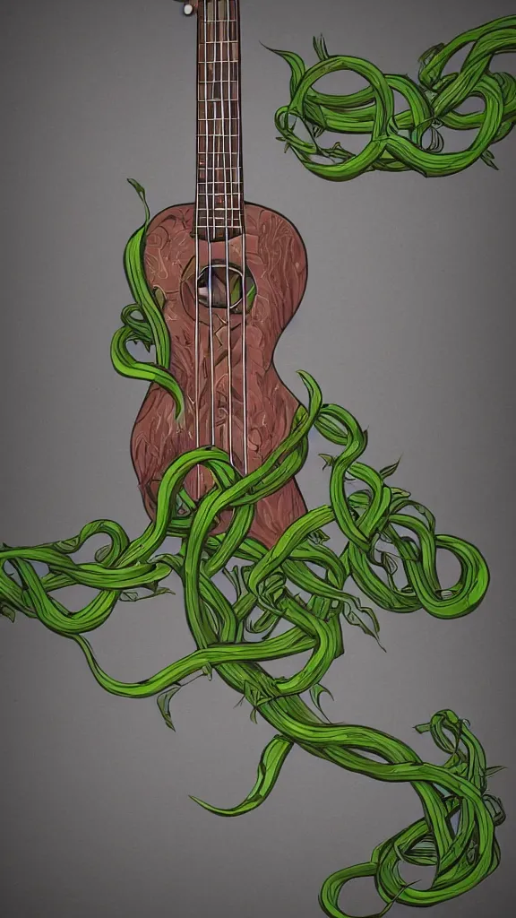 Image similar to a ukulele with long thick vines wrapping around it, fantasy art, art station, grey background,