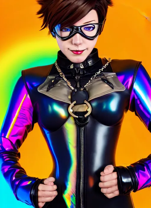 Image similar to portrait bust digital artwork of tracer overwatch, wearing iridescent rainbow latex and leather straps catsuit outfit, 4 k, expressive happy smug expression, makeup, in style of mark arian, angel wings, wearing detailed leather collar, chains, black leather harness, detailed face and eyes,
