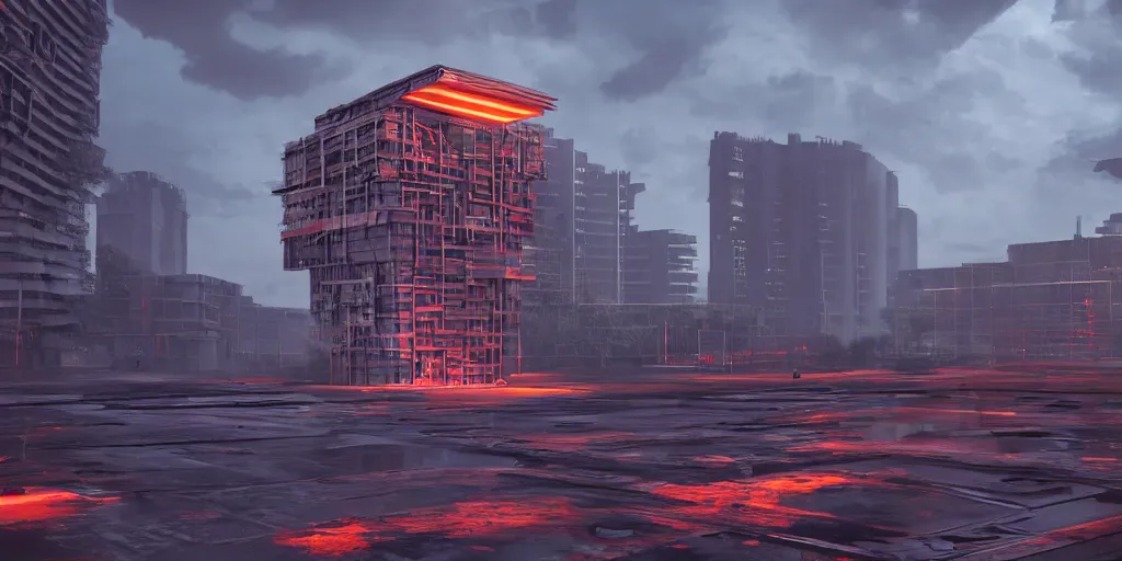 Prompt: highly detailed futuristic huge cube with red and orange glow, on the background brutalist architecture by Le Corbusier, abandoned buildings, empty streetscapes, surrounded by lush green vegetation, ground-level view, puddles of water, stunning volumetric lighting, sunset, trending on Artstation, 8k, photorealistic, hyper detailed, unreal engine 5, cinematic, epic lighting, cryengine, octane render, cyberpunk, dark, gloomy