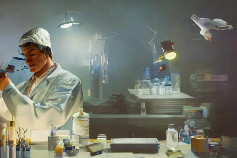 Image similar to A mixed media painting of a scientist duck working in a pcr and microbiology lab, by Frank Frazetta, Greg Rutkowski, Beeple, post-processing, low angle, masterpiece, cinematic, isometric, volumetric lighting