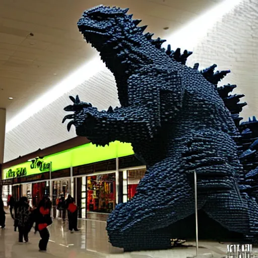 Prompt: Godzilla made out of lego blocks in a mall, photorealistic