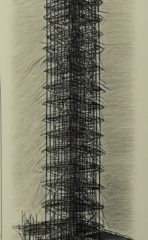 Image similar to a drawing of a tower made of ladders, drawing by hugh ferriss, realistic, on paper