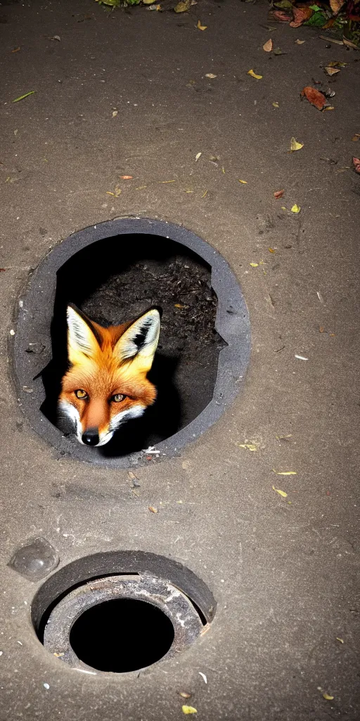 Prompt: a fox is hidden inside a manhole trying to jump out, 4k photography flash