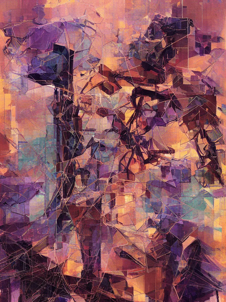 Image similar to a beautiful glitched geometric painting by robert proch and emilio pettoruti of an anatomy structure study of the human nervous system on top of rectangle shapes, color bleeding, pixel sorting, copper oxide and rust materials, brushstrokes by jeremy mann, dramatic lighting, pastel purple background