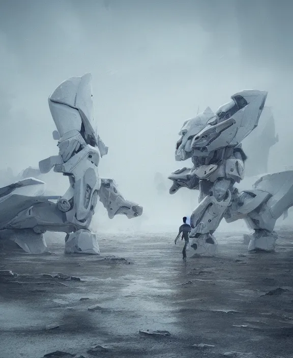 Image similar to surreal romantic covenant deformation, horizontal white mecha building architecture by ruan jia, futuristic berserk white architecture in the beach in iceland, foggy, highly detailed, digital painting, arstation, concept art, hyperealistic octane render, unreal engine