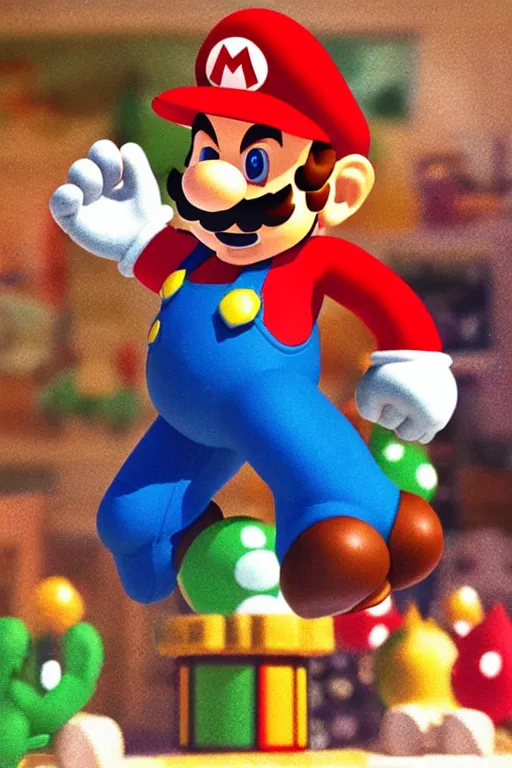 Prompt: 35mm photo of Mario from the video game Mario Bros., light leaks, kodachrome