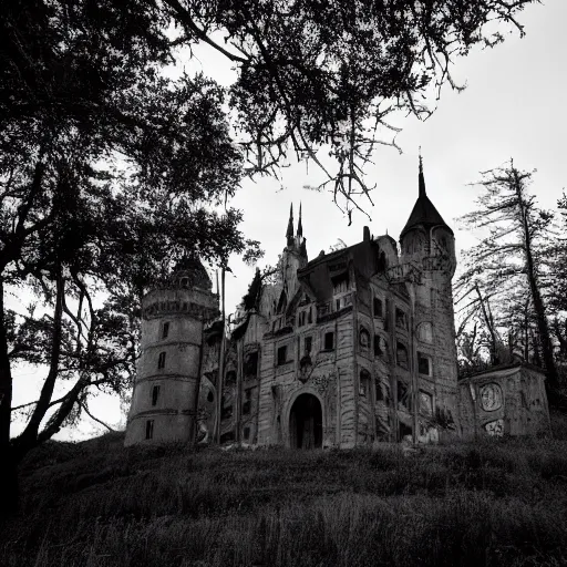 Image similar to Eerie Gothic castle on a hill above above a foreboding boggy landscape