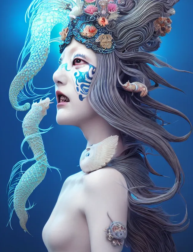 Image similar to 3 d goddess half - turn portrait with long hair with ram skull. beautiful intricately detailed japanese crow kitsune mask and clasical japanese kimono. betta fish, jellyfish phoenix, bio luminescent, plasma, ice, water, wind, creature, artwork by tooth wu and wlop and beeple and greg rutkowski