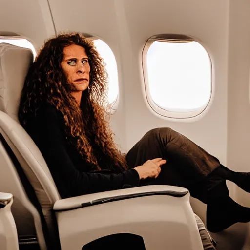 Prompt: photo of neanderthal cavewoman sitting in an airplane