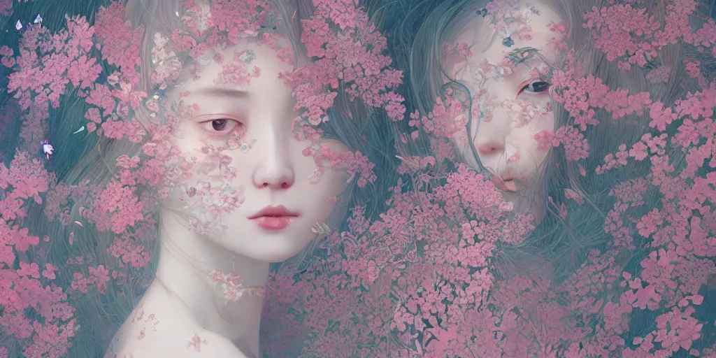 Image similar to breathtaking delicate detailed concept art painting pattern blend of flowers and girls, by hsiao - ron cheng, bizarre compositions, exquisite detail, pastel colors, 8 k