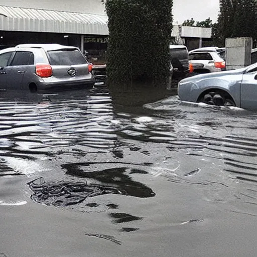 Image similar to “ gray aliens in a flooded 7 eleven parking lot, hyperdetailed ”