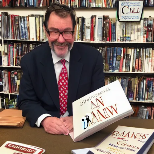 Prompt: cranbow jenkins, lord of the hambone, signing his new book called a man called cranbow