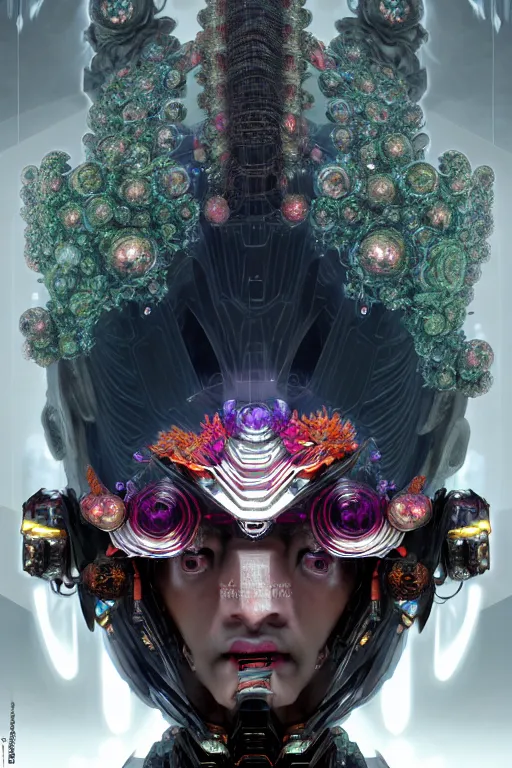 Image similar to asura from chinese myth, ghost, gorgeous and huge head ornaments, dystopian, cyberpunk, organic fractal mycelum and fungi, mecha, halfturn portrait of a big crystal face made of crystals half - turn, ominous, intricate, studio, art by anthony macbain + greg rutkowski + alphonse mucha, concept art, 4 k, sharp focus