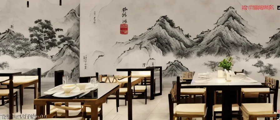 Prompt: a beautiful simple interior 4 k hd wallpaper illustration of small roasted string hotpot restaurant restaurant pagoda hill, wall corner, from china, wallpaper with tower mountains and white tile floor, rectangle white porcelain table, black chair, fine simple delicate structure, chinese style, simple style structure decoration design, victo ngai, 4 k hd