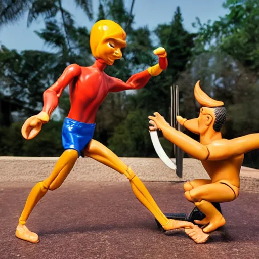 Image similar to toy called Stretch Armstrong fighting an Indian man, life size, fighting a small Indian man, golden hour, award winning,