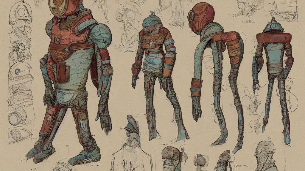 Image similar to aged paper, concept art, colorful character sheet for a male extraterrestrial warlord wearing victorian diving helmet, retrofuture, fantastic planet, moebius, valerian, coherent, illustration, digital art, trending on artstation, hd, 8 k, good lighting, beautiful, rough paper, masterpiece