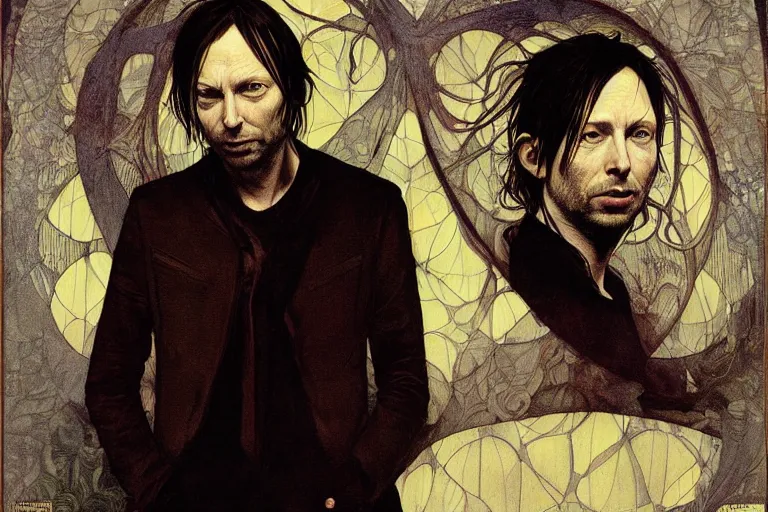 Prompt: hyper realistic portrait of ( thom ) ( yorke ) ( radiohead ) singer songwriter, side, liminal space, by lee bermejo, alphonse mucha and greg rutkowski