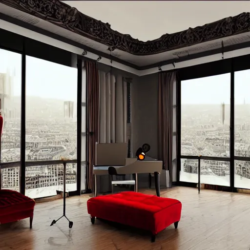 Prompt: A photorealistic music studio, Paris hotel style, red velvet furniture, light rays coming out of the windows, the windows have a view on Paris, raytracing, highly detailed, futuristic, unreal engine 5, photoscanned, photorealistic,