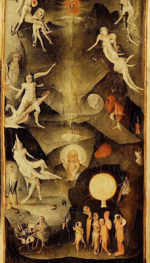 Image similar to two men who are secretly in love seperated by a deity, on one side is light on the other is darkness in the style of hieronymus bosch