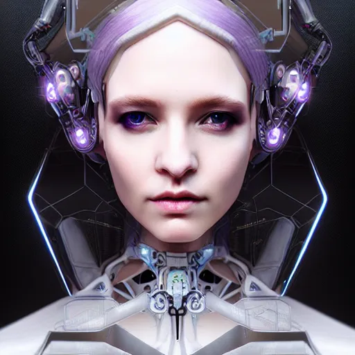 Image similar to cyberpunk robotic dark elvish queen, diadem on the head, extremely detailed, hyperrealistic, intricate, soft light, fantasy, digital painting, art station, perfect faces, fine details, by wlop