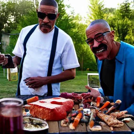 Image similar to walter white and gus fring having a barbeque, selfie