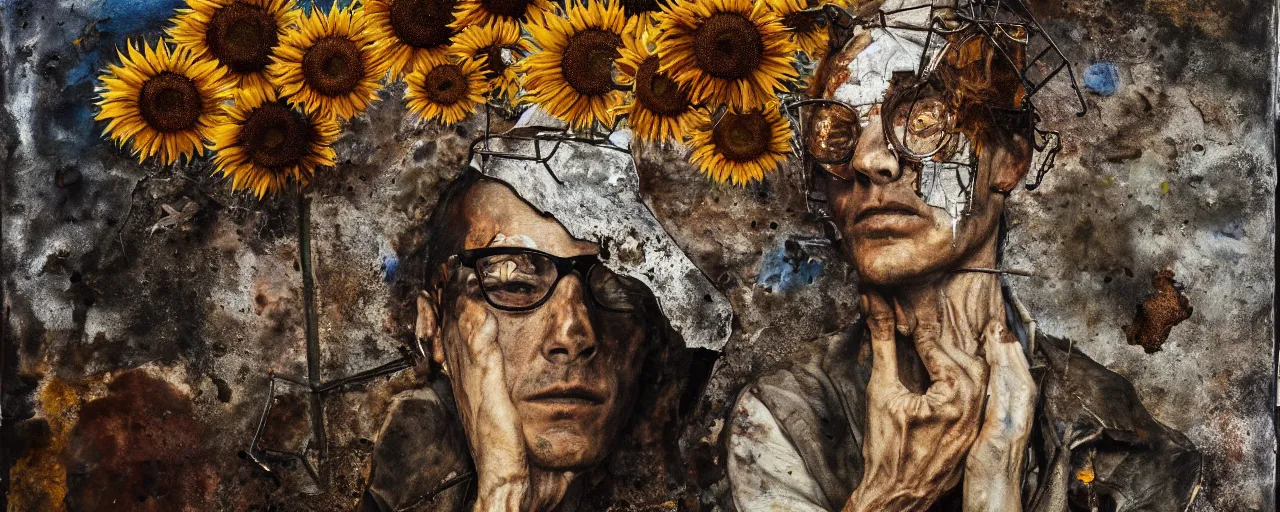 Prompt: a painting of a very ordinary person, by Anselm Kiefer, mixed media, rusted metal, sunflowers, anatomically correct, beautiful perfect face, sharp focus, Highly Detailed, Cinematic Lighting, octane render, volumetric lighting, post-production, 8k, HD