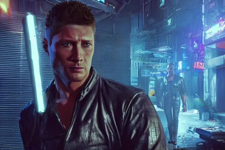 Image similar to a detailed full bodied 3 d render of an extremely handsome jensen ackles as the terminator walking down a dark alley in cyberpunk 2 0 7 7 and holding a glowing electrified katana, facing the camera, explosion in the background, volumetric lighting, octane render, 8 k, art by greg rutkowski and albert bierstadt and alphones mucha