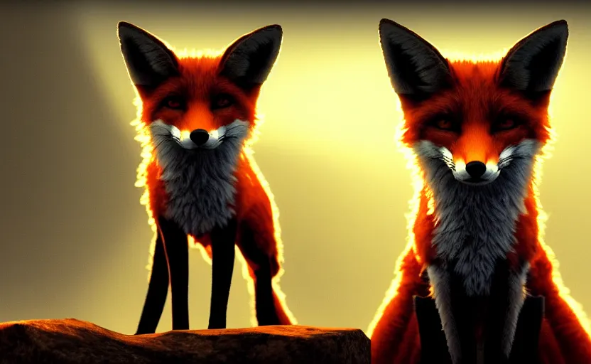 Prompt: a slightly menacing fox. daylight. sunlight. lens flare. light fixtures. art in atompunk style. 8K. detailed. photorealism. artstation. ultra realistic