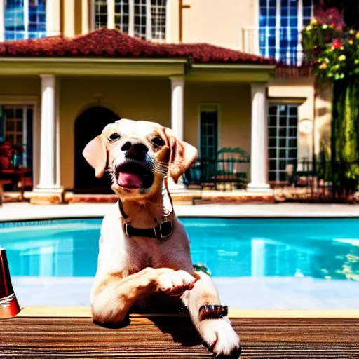 Image similar to a very detailed photo of a dog smoking a cigar outside the mansion by the pool