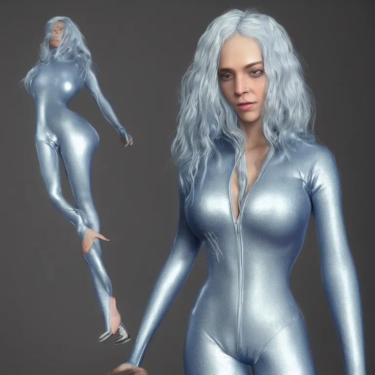 Image similar to “hyperrealistic ultra detailed unreal engine 5 RTX raytracing nvidia hairworks render of portrait of the most beutiful girl with blue eyes and white hair. She is in heavens garden. She has amazing silver jevelery. Nose piercing. Silver Latex catsuit Rainbow”